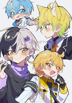 4boys ahoge akkiy_(amptakxcolors) amptakxcolors animal_ears artist_name bandaid bandaid_on_cheek bandaid_on_face black_choker black_gloves black_hair black_jacket blonde_hair blue_eyes blue_hair blush_stickers cat_ears chain chain_necklace chibi choker clenched_hand closed_mouth commentary fingerless_gloves gloves gradient_hair green_eyes hair_between_eyes hair_ornament highres jacket jewelry long_sleeves male_focus mazeta_(amptakxcolors) multicolored_hair multiple_boys necklace necktie open_clothes open_jacket open_mouth orange_eyes orange_necktie outstretched_arm pitupituta pretz_(amptakxcolors) purple_nails short_hair simple_background single_blush_sticker smile tigusakun_(amptakxcolors) two-tone_hair upper_body white_background white_hair