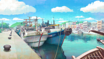 absurdres boat bollard cloud harbor highres ldt no_humans original outdoors taiwan town watercraft