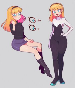 1girl batrobin_k black_boots black_hairband blonde_hair blue_eyes blue_skirt blunt_bangs blush bodysuit boots breasts colored_inner_hair covered_navel grey_background gwen_stacy hairband high_heel_boots high_heels highres long_hair long_sleeves looking_at_viewer marvel multicolored_hair parted_lips pencil_skirt pink_hair simple_background skirt small_breasts smile solo spider-gwen spider-man_(series) two-tone_hair