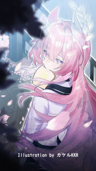1girl alternate_costume artist_name bread bread_slice commentary cyrene_(demiurge)_(honkai:_star_rail) cyrene_(honkai:_star_rail) floating_hair food food_in_mouth from_behind graphia_academy_school_uniform hair_between_eyes highres honkai:_star_rail honkai_(series) long_hair long_sleeves looking_at_viewer looking_back mouth_hold pink_hair pointy_ears purple_eyes school_uniform shirt solo srpzk toast toast_in_mouth very_long_hair white_shirt