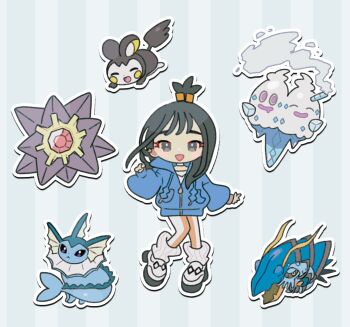 1girl :d black_hair blue_hoodie chibi chibi_only clawitzer cube_hair_ornament emolga eneko_(olavcnkrpucl16a) gen_1_pokemon gen_5_pokemon gen_6_pokemon hair_ornament highres hood hood_down hoodie leggings lida_(pokemon) long_hair long_sleeves looking_at_viewer nintendo open_mouth pokemon pokemon_(creature) pokemon_legends:_z-a ribbed_socks shoes smile socks starmie tassel topknot vanilluxe vaporeon white_shoes white_socks