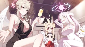 3girls alternate_costume angel_wings animal_ears black_dress blue_archive breasts dress evening_gown feathered_wings fox_ears halo highres large_breasts low_wings malsan mika_(blue_archive) multiple_girls nagisa_(blue_archive) pink_halo seia_(blue_archive) tea_party_(blue_archive) white_dress white_wings wings yellow_halo