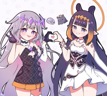 absurdres blue_eyes blunt_bangs chest_jewel cosplay costume_switch diamond_hairband dress face_jewel gem gem_hair_ornament grey_hair halo halo_behind_head hand_jewel heart highres holoadvent hololive hololive_english holomyth jewel_under_eye koseki_bijou koseki_bijou_(1st_costume) long_hair looking_at_viewer ninomae_ina&#039;nis ninomae_ina&#039;nis_(1st_costume) pebble_(koseki_bijou) pointy_ears purple_eyes purple_gemstone purple_hair shutowl simple_background smile strapless strapless_dress takodachi_(ninomae_ina&#039;nis) tentacle_hair tube_dress v virtual_youtuber white_background