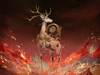 Rule 34 | animal focus, architecture, blue gemstone, building, burning, chinese commentary, commentary request, deer, east asian architecture, embers, facing to the side, fire, gear eyes, gem, halo, halo behind head, highres, hua yi shanxin zhiyue, looking at viewer, nana895, no humans, non-humanoid robot, outdoors, profile, red sky, robot, robot animal, sideways glance, sky