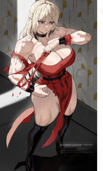 1girl absurdres bare_shoulders black_boots black_choker black_hair black_wrist_cuffs blonde_hair boots braid breasts choker cleavage closed_mouth colored_tips commentary commission covered_abs dress english_commentary english_text enserri_(frozencore94) from_above full_body hair_between_eyes half_up_braid high_heel_boots high_heels highres knee_boots large_breasts long_hair looking_to_the_side multicolored_hair muscular muscular_female original park_ongjol purple_eyes red_dress sidelocks solo standing strapless strapless_dress tearing_clothes thick_thighs thighs tight_clothes tight_dress torn_clothes torn_dress tsurime v-shaped_eyebrows wallpaper_(object) watermark wrist_cuffs