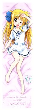 Rule 34 | ;d, absurdres, alicia testarossa, bare legs, barefoot, bed, blonde hair, blush, dakimakura (medium), feet, highres, legs, long hair, looking at viewer, lying, lyrical nanoha, mahou shoujo lyrical nanoha innocent, official art, on back, one eye closed, open mouth, red eyes, school uniform, smile, socks, toes, unworn socks, v, wink