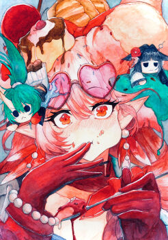 3girls absurdres arknights blush bracelet chibi earrings eyewear_on_head facing_viewer food food_on_face gloves hakamori_shishamo haruka_(arknights) heart heart-shaped_eyewear highres holding holding_spoon hoshiguma_(arknights) hoshiguma_the_breacher_(arknights) ice_cream jewelry mio_(arknights) multiple_girls orange_eyes orange_hair painting_(medium) pearl_bracelet pearl_earrings pointy_ears red_eyes red_gloves spoon traditional_media watercolor_(medium)