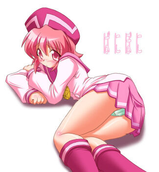00s 1girl ass behoimi blush boots copyright_name female_focus hat long_sleeves looking_back lying miniskirt nekono_matatabi on_side pani_poni_dash! panties pantyshot pink_boots pink_eyes pink_hair pleated_skirt school_uniform serafuku skirt solo underwear white_panties