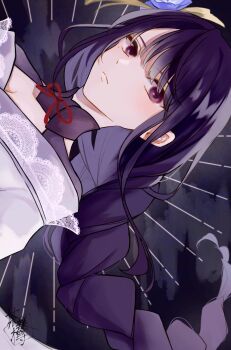 1girl artist_name blunt_bangs braid breasts chabadaru cleavage closed_mouth cloud cloudy_sky genshin_impact hair_ornament head_tilt highres japanese_clothes kimono long_braid looking_at_viewer mole mole_under_eye neck_ribbon night off_shoulder purple_eyes purple_hair purple_kimono raiden_shogun ribbon single_braid sky solo upper_body