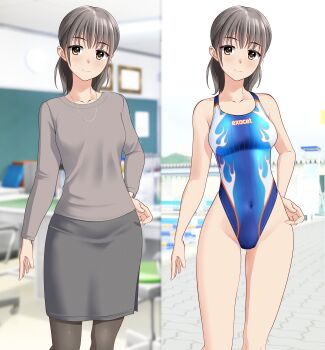 1girl absurdres blue_one-piece_swimsuit breasts brown_eyes brown_hair classroom closed_mouth clothes_writing commentary_request competition_swimsuit covered_navel highleg highleg_one-piece_swimsuit highres indoors jewelry looking_at_viewer mature_female multicolored_swimsuit necklace one-piece_swimsuit original outdoors paid_reward_available pantyhose ponytail pool skirt smile solo sweater swimsuit takafumi teacher white_one-piece_swimsuit