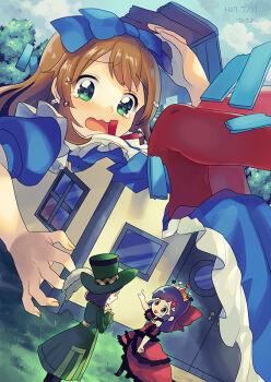alice_(alice_in_wonderland) alice_(alice_in_wonderland)_(cosplay) alice&#039;s_adventures_in_wonderland aqua_eyes blue_dress coat cosplay crown dress ensemble_girls! giant giantess glasses green_coat hat hisayoshi_(hisa) hoshiumi_koyoi kijishi_sumire kodama_ichika light_brown_hair long_hair long_sleeves looking_at_another mad_hatter_(alice_in_wonderland) mad_hatter_(alice_in_wonderland)_(cosplay) purple_eyes purple_hair queen_of_hearts_(alice_in_wonderland) queen_of_hearts_(alice_in_wonderland)_(cosplay) red_dress tearing_up top_hat