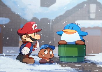 2boys bird blue_hat blue_overalls boots building commentary facial_hair fangs gloves goombario hanaon hat highres male_focus mario mario_(series) multiple_boys mustache nintendo outdoors overalls paper_mario paper_mario_64 penguin red_hat snow snowing squiggle standing sweat symbol-only_commentary twitter_username warp_pipe