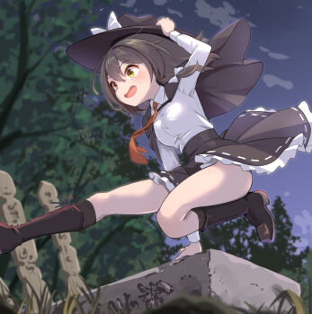 1girl black_capelet black_hat black_skirt boots bow breasts brown_boots brown_eyes brown_hair capelet cloud collared_shirt commentary_request frilled_skirt frills futa_(nabezoko) grass hair_bow hat hat_bow knee_boots long_hair long_sleeves maribel_hearn necktie night night_sky open_mouth outdoors red_necktie shirt shirt_tucked_in shoes skirt sky smile solo touhou usami_renko watermark white_bow white_shirt