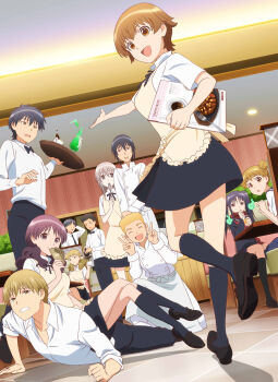 6+boys 6+girls absurdres adachi_masahiro apron arm_behind_head black_hair blonde_hair brown_hair coffee_pot cup double_v dutch_angle employee_uniform higashida_daisuke highres kamakura_shiho key_visual kneehighs kondou_kisaki kouno_takuya menu menu_board miyakoshi_hana mole mole_under_eye money multiple_boys multiple_girls muranushi_sayuri nagata_rui official_art promotional_art purple_hair saiki_kouki sakaki_ken'ichirou scarf school_uniform serafuku shindou_yuuta smile socks teacup tray twintails v working!! working!!_(web_manga) yanagiba_miri