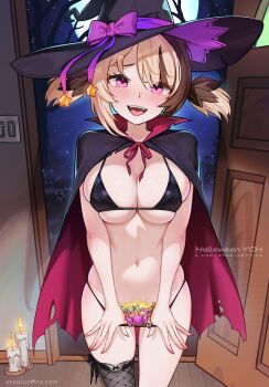 1girl alternate_costume bikini bikini_bottom_pull black_bikini black_cape black_hat blush bow breasts breasts_squeezed_together brown_hair candle candy cape cleavage commentary cowboy_shot doorway english_commentary fingernails fishnet_thighhighs fishnets food gigi_murin halloween halloween_costume hat hat_bow highres hololive hololive_english large_breasts moon multicolored_hair navel night open_door open_mouth pink_eyes pov_doorway short_twintails single_thighhigh smile solo star_(symbol) stealcoffins stomach swept_bangs swimsuit teeth thigh_gap thighhighs torn_cape torn_clothes twintails twitter_username two-sided_cape two-sided_fabric two-tone_hair upper_teeth_only virtual_youtuber watermark witch_hat