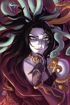 Rule 34 | 1girl, absurdres, black hair, breasts, chain, cleavage, collarbone, commentary, english commentary, facial mark, finger to own chin, gold chain, gold trim, highres, kid icarus, kid icarus uprising, looking at viewer, medusa (kid icarus), nintendo, pale skin, purple eyes, purple robe, red background, red nails, robe, signature, snake hair, solo, tabletorgy, upper body