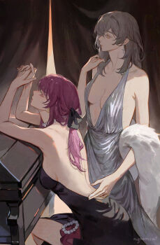 2girls backless_dress backless_outfit bare_back black_dress dress feather_boa grey_dress highres honkai:_star_rail honkai_(series) implied_yuri kafka_(honkai:_star_rail) leaning_forward leaning_on_object multiple_girls nyoomcat plunging_neckline silver_dress stelle_(honkai:_star_rail) trailblazer_(honkai:_star_rail)