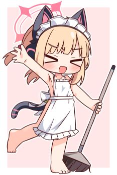 &gt;_&lt; 1girl :d absurdres animal_ear_headphones animal_ears apron arm_up armpits barefoot blonde_hair blue_archive blush border broom cat_ear_headphones cat_ears closed_eyes collarbone commentary_request fake_animal_ears frilled_apron frills full_body halo hana_kazari headphones highres holding holding_broom maid_headdress mechanical_tail momoi_(blue_archive) momoi_(maid)_(blue_archive) naked_apron open_mouth outline outside_border outstretched_arm pink_background pink_halo short_hair simple_background smile solo standing standing_on_one_leg tail white_apron white_border white_outline xd