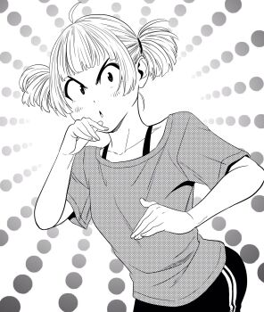 1girl :o ahoge bra_strap collarbone commentary_request fighting_stance greyscale highres leaning_forward lee_(dragon_garou) monochrome original pants shirt short_twintails solo t-shirt track_pants twintails v-shaped_eyebrows