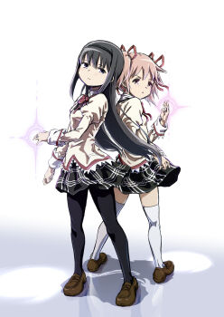 2girls absurdres akemi_homura ane_moire black_hair black_pantyhose black_skirt bow breasts brown_shoes brown_vest from_behind glowing hair_ribbon half-closed_eyes highres kaname_madoka long_sleeves mahou_shoujo_madoka_magica mahou_shoujo_madoka_magica_(anime) mandarin_collar mitakihara_school_uniform multiple_girls official_alternate_costume pantyhose pink_eyes pink_hair plaid_clothes plaid_skirt pleated_skirt puffy_long_sleeves puffy_sleeves purple_eyes red_bow red_ribbon ribbon school_uniform shirt shoes skirt small_breasts tareme thighhighs two_side_up uwabaki vest white_shirt white_thighhighs