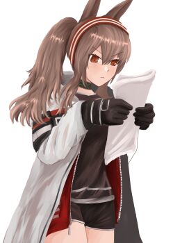 1girl absurdres angelina_(arknights) animal_ears arknights black_collar black_gloves black_shirt black_shorts brown_hair coat collar commentary_request cowboy_shot dot_nose fox_ears fox_girl frown gloves hair_between_eyes hairband highres holding holding_paper infection_monitor_(arknights) jacket light_blush long_hair long_sleeves looking_at_object multicolored_hairband open_clothes open_coat open_jacket paper red_hairband red_jacket serious shirt short_shorts shorts simple_background solo striped_clothes striped_hairband superbeek4 twintails two-tone_hairband unzipped v-shaped_eyebrows white_background white_coat zipper_pull_tab