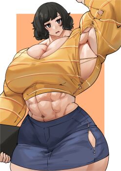 Rule 34 | 1girl, abs, absurdres, arm up, armpits, blush, book, breasts, curvy, female focus, flexing, highres, kawakami sadayo, large breasts, matching hair/eyes, midriff, musctonk, muscular, muscular arms, muscular female, navel, persona, persona 5, short hair, solo, thick thighs, thighs, torn clothes