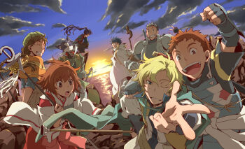Rule 34 | 10s, 3girls, 5boys, akatsuki (log horizon), armor, cape, glasses, isuzu (log horizon), japanese clothes, kou (sen328), log horizon, long hair, lunderhaus cord, minori (log horizon), multiple boys, multiple girls, naotsugu (log horizon), nyanta (log horizon), ponytail, shiroe (log horizon), short hair, smile, staff, sunset, touya (log horizon)