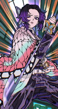 Rule 34 | 1girl, animal print, bug, butterfly, butterfly hair ornament, butterfly print, butterfly print haori, checkered haori, commentary request, demon slayer uniform, flower, hair ornament, haori, highres, holding, holding sword, holding weapon, insect, japanese clothes, katana, kimetsu no yaiba, kochou shinobu, misejyuk, print haori, purple butterfly, solo, sword, weapon, wisteria