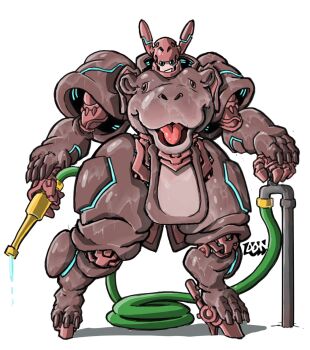 beast_wars blue_eyes don_allan_figueroa full_body highres holding holding_hose hose looking_at_viewer mecha mecha_focus mechanization moo_deng no_humans parted_lips real_life robot science_fiction shadow simple_background smile solo transformers water