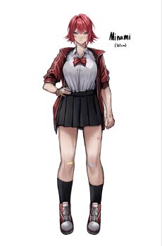 1girl aqua_eyes bandaid bandaid_on_arm bandaid_on_face bandaid_on_finger bandaid_on_hand bandaid_on_knee bandaid_on_leg bandaid_on_nose bandaid_on_thigh black_skirt blush bow bowtie breasts character_name character_profile closed_mouth collarbone collared_shirt commentary frown full_body green_eyes hair_between_eyes hand_on_own_hip heterochromia highres jacket large_breasts long_sleeves looking_at_viewer mole mole_on_thigh original pleated_skirt red_bow red_bowtie red_hair red_jacket red_shoes shirt shoes short_hair simple_background skirt solo standing symbol-only_commentary tomboy ulularts white_background