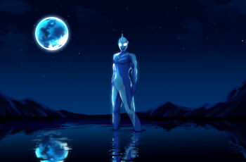 1boy alien blue_skin color_timer colored_skin commentary_request fsm78 full_moon giant moon multicolored_skin muscular muscular_male night outdoors pond silver_skin solo tokusatsu ultra_series ultraman_cosmos ultraman_cosmos_(luna_mode) ultraman_cosmos_(series) wading