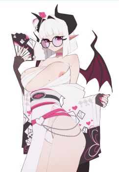 1girl anemoneeanemone areola_slip bandages blunt_bangs breasts chest_sarashi covering_privates demon_horns fingerless_gloves folding_fan glasses gloves hair_intakes hair_ornament hand_fan highres horns japanese_clothes kimono mole mole_on_arm mole_on_breast mole_on_stomach mole_on_thigh mole_under_mouth multiple_moles nail_polish open_clothes open_kimono original pink_eyes pink_nails pointy_ears print_kimono round_eyewear sarashi short_hair simple_background solo thong white_background white_hair white_kimono