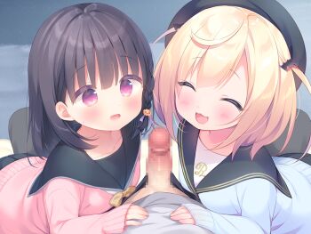 1boy 2girls :3 :d ^_^ bat_hair_ornament black_hair blonde_hair blue_cardigan blush braid bulge cardigan censored closed_eyes erection ffm_threesome game_cg group_sex hair_ornament hat hetero kazari_(mainichi_kiss_shite_lolita) large_variant_set loli looking_at_viewer mainichi_kiss_shite_lolita mihato_(mainichi_kiss_shite_lolita) mosaic_censoring multiple_girls non-web_source open_mouth penis pink_cardigan pink_eyes piyodera_mucha pov sailor_collar side_braid smile sweatdrop threesome two_side_up usashiro_mani variant_set