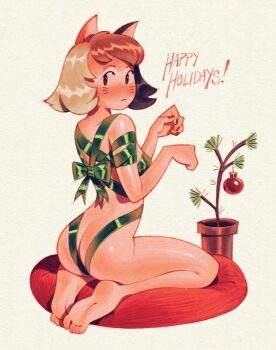 1girl animal_ears ass bow brown_hair cat_ears commentary from_behind gnatu_itme green_bow green_ribbon highres looking_at_viewer looking_back medium_hair naked_ribbon original ribbon seiza sitting sitting_on_pillow soles solo whiskers