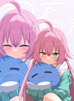 1girl absurdres ahoge blue_archive blue_eyes closed_mouth different_zoom_layer green_jacket hair_between_eyes halo heterochromia highres hoshino_(blue_archive) huge_ahoge hugging_doll hugging_object jacket kame_(nokonoko10271) lens_flare light_blush long_hair long_sleeves looking_at_viewer orange_eyes pink_hair pink_halo shirt sleeves_past_fingers sleeves_past_wrists smile solo_focus stuffed_animal stuffed_toy stuffed_whale very_long_hair white_shirt