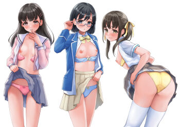 3girls absurdres ass black_hair blazer blue-framed_eyewear blue_bra blue_jacket blue_panties blush bow bowtie bra bra_pull breasts closed_mouth clothes_lift clothes_pull collared_shirt commentary_request embarrassed glasses grey_skirt hair_ornament hair_ribbon hairclip hand_up highres jacket lifting_own_clothes multiple_girls nipples open_bra original panties pink_bra pink_panties pleated_skirt presenting ribbon sahara1127 sailor_collar school_uniform semi-rimless_eyewear serafuku shirt shirt_lift simple_background skirt skirt_lift small_breasts standing thighhighs twintails under-rim_eyewear underwear white_background white_sailor_collar white_shirt white_skirt white_thighhighs yellow_bow yellow_bowtie yellow_bra yellow_panties yellow_ribbon