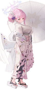 1girl absurdres angel_wings blue_archive blush braid breasts commentary_request feathered_wings floral_print floral_print_kimono flower full_body hair_bun hair_flower hair_ornament halo highres holding holding_umbrella japanese_clothes kimono large_breasts looking_at_viewer low_wings mika_(blue_archive) parted_lips pink_hair pink_halo pink_kimono print_kimono purple_eyes saki_(saki_paint) sandals simple_background single_hair_bun solo umbrella white_background white_flower white_wings wing_ornament wings