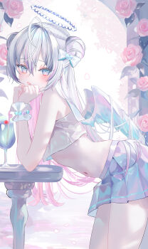 1girl :o absurdres ahoge angel angel_wings bare_shoulders bow commentary crop_top crossed_bangs double_bun drink drinking_straw falling_petals flower hair_bow hair_bun hair_ornament halo hands_on_own_face heart heart_hair_ornament highres leaning_on_table long_hair looking_at_viewer midriff miniskirt moemoepiano navel original petals rose scrunchie skirt solo stomach white_eyes white_hair white_skirt white_wings wings wrist_scrunchie