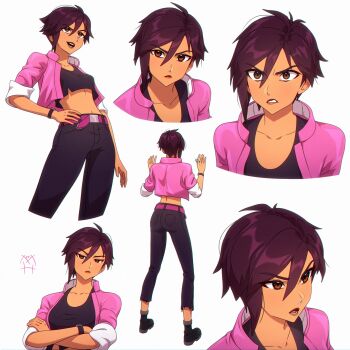 Rule 34 | 1girl, absurdres, angry, belt, black pants, black shirt, breasts, brown eyes, collarbone, commentary, crop top, cropped jacket, dark-skinned female, dark skin, derivative work, dispatch, english commentary, face piercing, hair between eyes, hands up, highres, inhaler, invisigal (dispatch), jacket, lipstick, makeup, marishils, medium hair, mixed-language commentary, multiple views, navel, nose piercing, nose ring, open mouth, pants, parted lips, piercing, pink jacket, purple hair, raised eyebrow, russian commentary, screenshot redraw, shirt, signature, simple background, small breasts, torn clothes, white background