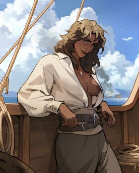 1girl absurdres belt black_lips blue_sky boat breasts brown_belt brown_hair brown_pants closed_mouth cloud cloudy_sky commentary cowboy_shot day english_commentary highres jewelry lady_santos long_hair long_sleeves looking_at_viewer medium_breasts necklace nipples no_bra ocean on_boat open_clothes open_shirt original outdoors pants rope scar scar_on_chest shirt sky solo watercraft white_shirt