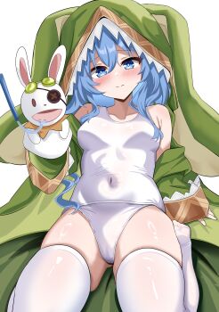 1girl absurdres animal_hood azur_lane blue_eyes blue_hair blush breasts cameltoe closed_mouth covered_navel date_a_live green_hood hand_puppet hand_up hci+ highres himekawa_yoshino himekawa_yoshino_(secret_base) hood long_hair looking_at_viewer official_alternate_costume one-piece_swimsuit puppet simple_background skindentation small_breasts swimsuit thighhighs white_background white_one-piece_swimsuit white_thighhighs yoshinon