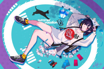 1girl animal_ears arms_up backpack bad_id bad_pixiv_id bag cat cat_ears headphones highres legs looking_at_viewer lying nintendo_switch nono_shizuku on_back original path red_eyes road shoes short_hair short_shorts shorts sneakers solo spread_legs