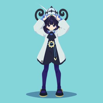 1girl afuron arms_up black_hair black_ribbon black_shoes blue_gloves blunt_bangs closed_mouth coat commentary_request full_body gloves grey_eyes gwynn_(pokemon) hat highres long_hair looking_at_viewer neck_ribbon nintendo open_clothes open_coat pantyhose partially_fingerless_gloves pokemon pokemon_legends:_z-a ribbon shoes solo standing