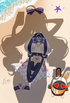 1girl 1other absurdres ahoge arm_behind_head backless_swimsuit bandana bandana_around_neck bangboo_(zenless_zone_zero) beach black_bow blue_gemstone bow bowtie cellphone clothing_cutout commentary day dressed_shadow_(meme) drill_hair eidis_scarlet english_commentary eous_(zenless_zone_zero) frilled_one-piece_swimsuit frills gem heart heart-shaped_eyes heart_cutout highres holding holding_phone implied_nudity long_hair looking_at_another meme ocean official_alternate_costume one-piece_swimsuit orange_bandana phone pink_bow purple_bow purple_bowtie sand shadow signature silhouette standing starfish stomach_cutout swimsuit taking_picture thigh_strap twintails twitter_username two-tone_one-piece_swimsuit vivian_banshee vivian_banshee_(iris_of_the_shore) water white_one-piece_swimsuit zenless_zone_zero