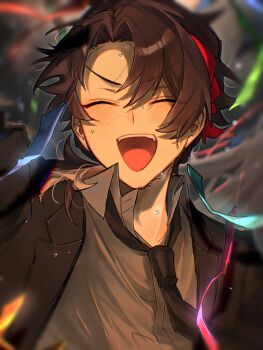 1boy black_jacket black_necktie braid brown_hair grey_shirt hair_between_eyes hashtag-only_commentary jacket kokeshoku male_focus medium_hair multicolored_hair necktie nijisanji official_alternate_costume open_clothes open_jacket open_mouth parted_bangs ponytail saegusa_akina saegusa_akina_(6th_costume) shirt side_braid smile solo streaked_hair streamers sweat teeth tongue upper_body upper_teeth_only virtual_youtuber