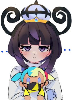 1girl black_hair blue_gloves blunt_bangs blush bob_cut canari_plush_(pokemon) character_doll closed_mouth coat doll gloves gradient_hair gwynn_(pokemon) hat highres holding holding_doll long_sleeves looking_at_viewer multicolored_hair nintendo nononozora1107 pokemon pokemon_legends:_z-a purple_eyes purple_hair short_hair solo upper_body white_background white_coat