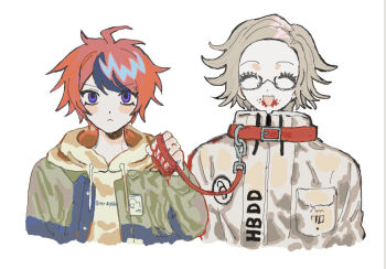 2boys :&lt; ahoge aotsuki_eito black_streaks blood blood_from_mouth blood_on_hands blue_eyes blush_stickers closed_eyes collar eyelashes glasses grey_hair grey_jacket holding holding_leash hood hoodie jacket leash looking_at_viewer male_focus multicolored_jacket multiple_boys pale_skin red_hair semi-rimless_eyewear sumino_takumi tami_tome_mo the_hundred_line_-last_defense_academy- white_hoodie white_jacket
