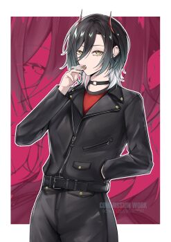 1girl absurdres azur_lane belt black_belt black_hair cigarette commission earrings highres holding holding_cigarette horns jacket jewelry leather leather_jacket mechanical_horns multicolored_hair red_horns short_hair slit_pupils smoking ulrich_von_hutten_(azur_lane) white_hair xuwasoo yellow_eyes