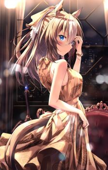 Rule 34 | 1girl, alternate costume, animal ears, bare shoulders, blonde hair, blue eyes, blush, breasts, brown dress, chair, closed mouth, commentary request, dress, durandal (umamusume), ear covers, hair between eyes, hair ornament, highres, horse ears, horse girl, horse tail, indoors, long hair, looking at viewer, medium breasts, multicolored hair, murasaki himuro, single ear cover, sleeveless, sleeveless dress, solo, tail, two-tone hair, umamusume, white hair, window