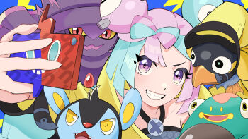 1girl arm_up bellibolt blue_background bow-shaped_hair character_hair_ornament collarbone commentary_request gen_4_pokemon grey_shirt grin hair_ornament happy highres holding holding_phone iono_(pokemon) jacket katsu_n1101 long_hair long_sleeves luxio mismagius multicolored_hair nintendo phone pokemon pokemon_(creature) pokemon_sv purple_eyes rotom rotom_phone selfie shirt smile teeth two-tone_hair wattrel yellow_jacket